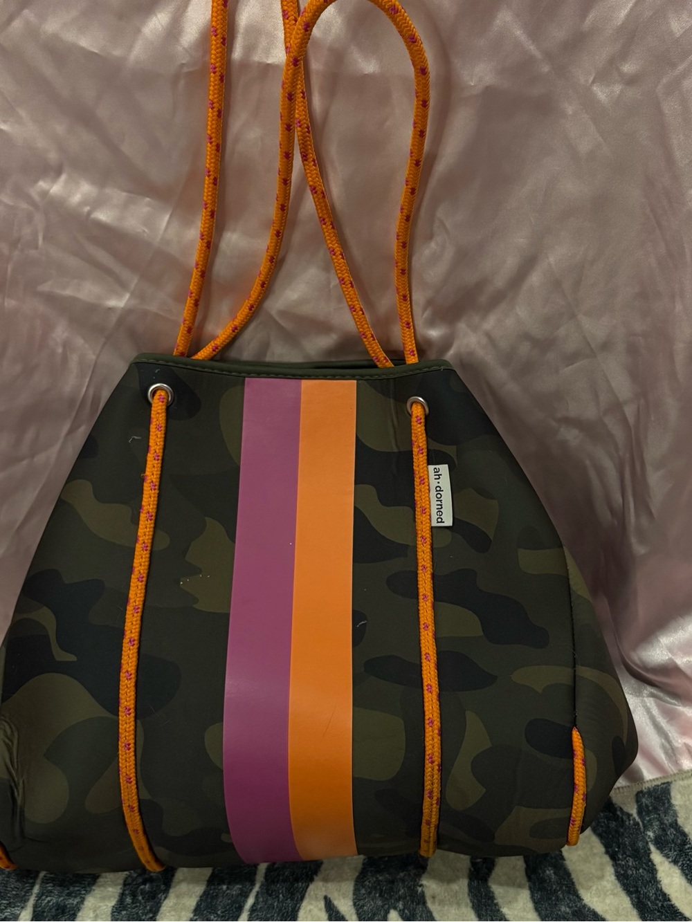 Ah•dorned Camo Neoprene Tote Bag Pink Orange Stripe Large Travel Gym